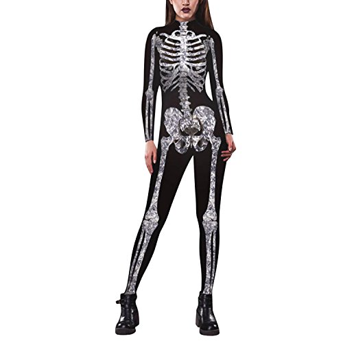 Petalum Damen Halloween Kostüm Overall Jumpsuit Langarm Skelett Bodysuit Fasching Karneval Cosplay Unheimlich Schädel Kleid von Petalum