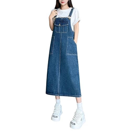 Petalum Damen Heans Latzkleid A Linie lang Trägerkleid casual Ladies Denim Dungarees Dress Rock Verstellbar Träger loose fit Overall Freizeitkleid mit Taschen von Petalum