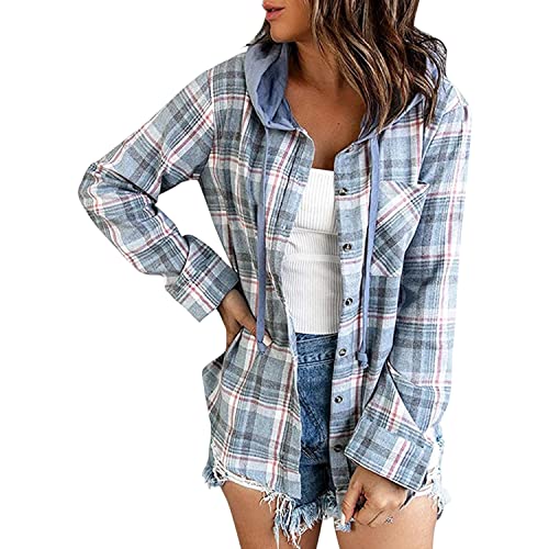 Petalum Damen Hemd kariert mit Kapuze Bluse Langarm Button Down Basic Boyfriend Holzfällerjacke Casual Dünne Blusenshirt von Petalum