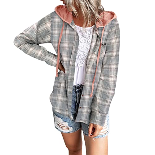 Petalum Damen Hemd kariert mit Kapuze Bluse Langarm Button Down Basic Boyfriend Holzfällerjacke Casual Dünne Blusenshirt von Petalum