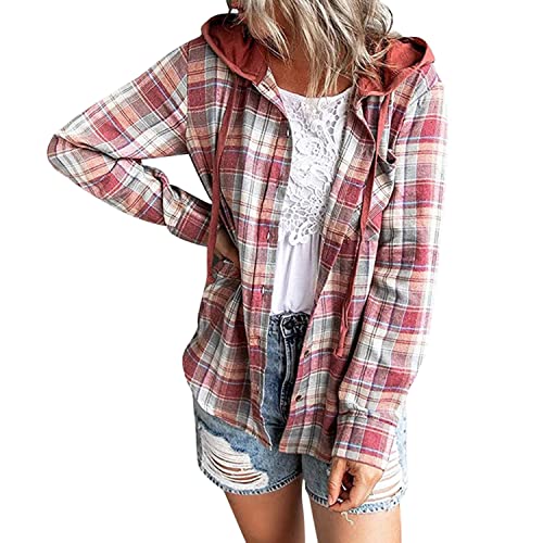 Petalum Damen Hemd kariert mit Kapuze Bluse Langarm Button Down Basic Boyfriend Holzfällerjacke Casual Dünne Blusenshirt von Petalum