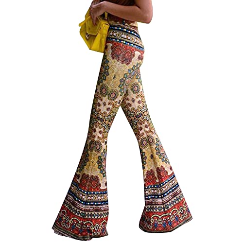 Petalum Damen Hose Boho Hippie Blumen Schlaghose Elegant High Waist Bootcut Freizeithose Weites Bein Palazzo Weihnachten Halloween Karneval Cosplay Kostüm Verkleidung von Petalum