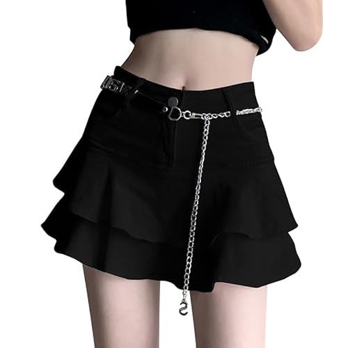 Petalum Damen Jeans Minirock A Linie Hohe Taille Rock Mädchen Y2k Rüschen Denim Kurze Rock mit Shorts Hüftrock Lässig Sommerrock von Petalum