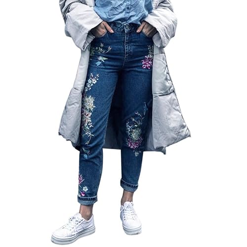 Petalum Damen Jeans Stretch Blumenstickerei Jeans Hose High Waist Straight Leg Gerade Bein Jeanshose Denim Pants Blau EU 42 von Petalum