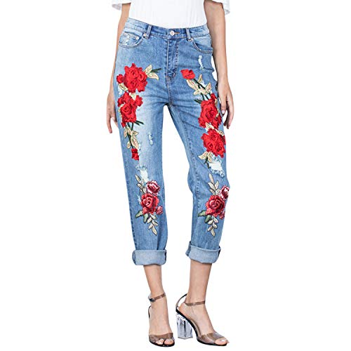 Petalum Damen Jeans Stretch Blumenstickerei Jeans Hose High Waist Straight Leg Gerade Bein Jeanshose Denim Pants Sommer Push Up Capri Hose von Petalum