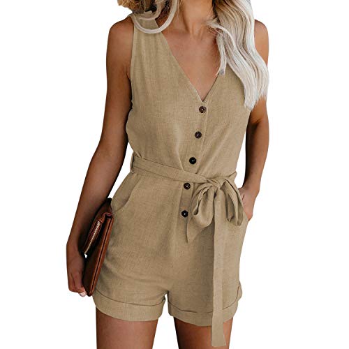 Petalum Damen Jumpsuit Ärmellos High Waist Kurz Overall elegant Hosenanzug Frauen Blumen Drucken Playsuit Sommer Strand Beachwear Romper Elegant Schulterfrei Knöpfe (40, Khaki, Numeric_40) von Petalum