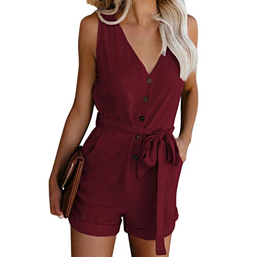 Petalum Damen Jumpsuit Ärmellos High Waist Kurz Overall elegant Hosenanzug Frauen Blumen Drucken Playsuit Sommer Strand Beachwear Romper Elegant Schulterfrei Knöpfe (40, Weinrot, numeric_40) von Petalum