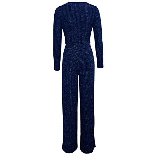 Petalum Damen Jumpsuit Elegant Langarm V Ausschnitt Lang Overall Hosenanzug Breites Bein Romper mit Gürtel Glitzer Party Abendmode von Petalum