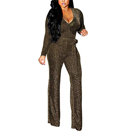 Petalum Damen Jumpsuit Elegant Langarm V Ausschnitt Lang Overall Hosenanzug Breites Bein Romper mit Gürtel Glitzer Party Abendmode von Petalum