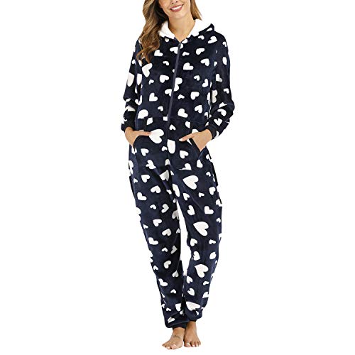 Petalum Damen Jumpsuit Flanell mit Kapuze Einteiler Overall Reißverschluss Schlafanzug warm Winter Hausanzug Overalls von Petalum