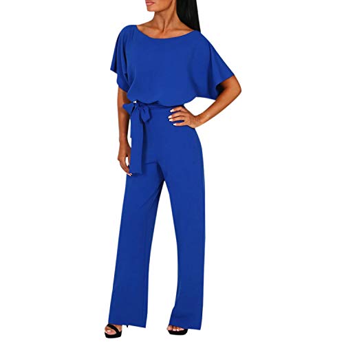 Petalum Damen Jumpsuit Sommer Lang Kurzarm Jumpsuit Playsuit Elegant Party Lang Weites Bein Overall Lose Spielanzug mit Gurt von Petalum