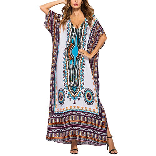 Petalum Damen Kaftan Sommer Strandkleid Lang Übergröße Strandponcho Tunika Pareo Boho Kimono Blumendruck Elegante Ethnischer Druck Lose Smock Maxikleid (Weiß) von Petalum