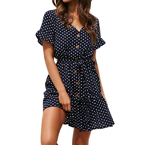 Petalum Damen Kurzarm Elegant V-Ausschnitt Knopfleiste Polka Dot Freizeitkleid mit Gürtel Sommerkleid Boho Vintage Punkte Hoher Taille A-Linie Strandkleid (Marineblau, 36, Numeric_36) von Petalum