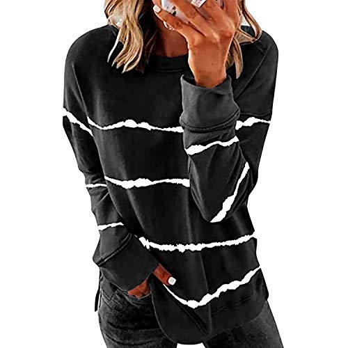Petalum Damen Langarm Sweatshirt Lässige gestreifte Pullover mit rundem Hals Sweater Strickpullover Casual Pulli Elegant Jumper Oberteile (Schwarz, 48) von Petalum