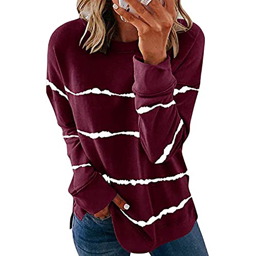 Petalum Damen Langarm Sweatshirt Lässige gestreifte Pullover mit rundem Hals Sweater Strickpullover Casual Pulli Elegant Jumper Oberteile (Weinrot, 46) von Petalum