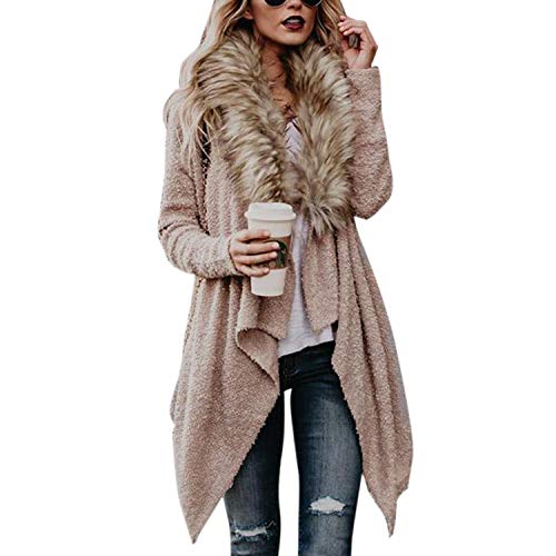 Petalum Damen Mantel Herbst Winter Cardigan Lang V Ausschnitt Fledermausärmel Strickjacke mit Kunstfell Pelzkragen Warm Coat Outerwear von Petalum