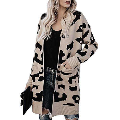 Petalum Damen Mantel Lang Strickjacke Herbst Winter Langarm Open Front Cardigan mit Leopard Muster Taschen Poncho von Petalum