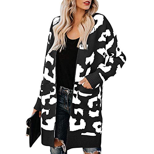 Petalum Damen Mantel Lang Strickjacke Herbst Winter Langarm Open Front Cardigan mit Leopard Muster Taschen Poncho von Petalum