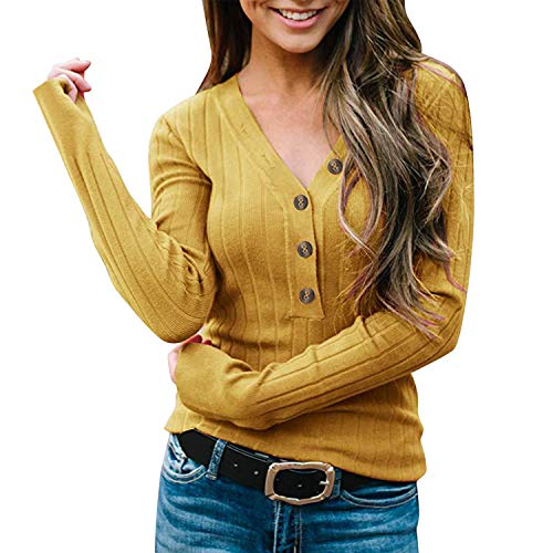 Petalum Damen Oberteile Langarm Slim Fit Pullover mit V Auschnitt Gerippter Streifen Pulli Knopf Sweater für Herbst Winter von Petalum