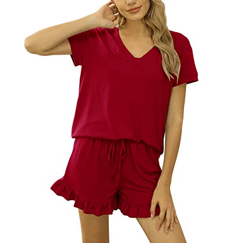 Petalum Damen Schlafanzug Kurz Pyjama Set Sommer Nachtwäsche Hausanzug Kurzarm Sleepwear Einfarbig Nachthemd Sleepshirt Nightwear Zweiteiliger Top Shorts (Rot, 44) von Petalum