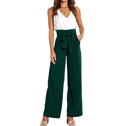 Petalum Damen Schlaghosen Elegant Anzughose Hohe Taile Weites Bein Palazzo Hose Lange Casual Hose Stoffhose mit Gürtel Grün M von Petalum