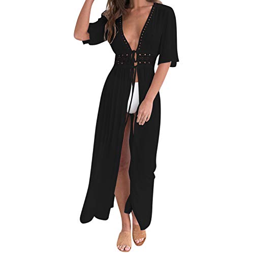 Petalum Damen Sommer Boho Kimono Lang Strand Cardigan Leichte Strickjacke Beachwear Bikini Cover Up Maxi Strandkleid EU 34 = Tag M Schwarz von Petalum