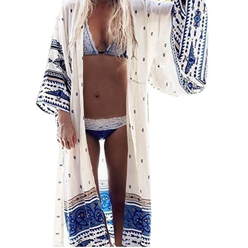 Petalum Damen Sommer Boho Kimono Lang Strand Cardigan Leichte Strickjacke Beachwear Bikini Cover Up Maxi Strandkleid (Einheitsgröße Länge 114 cm, Neu: Blumendruck) von Petalum