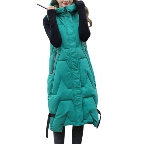 Petalum Damen Steppweste lang mit Kapuze ärmellos Dauneweste Slim fit einfarbig Hooded Winterweste Reißverschluss warm Daunenjacke mit Taschen Grün 36 von Petalum