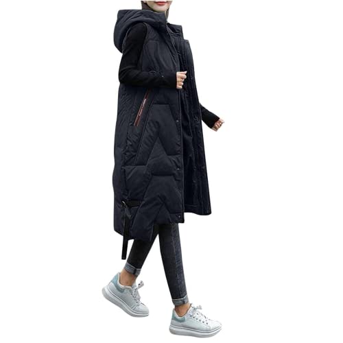 Petalum Damen Steppweste lang mit Kapuze ärmellos Dauneweste Slim fit einfarbig Hooded Winterweste Reißverschluss warm Daunenjacke mit Taschen Schwarz 38 von Petalum