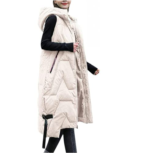 Petalum Damen Steppweste lang mit Kapuze ärmellos Dauneweste Slim fit einfarbig Hooded Winterweste Reißverschluss warm Daunenjacke mit Taschen Weiß 36 von Petalum