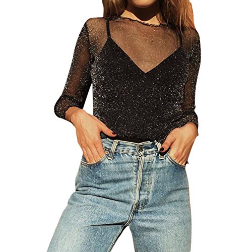 Petalum Damen T Shirt Sommer Sexy Transparent Mesh Tüll Glitzer Oberteile Atmungsaktiv Durchsichtig Bluse Tunika Schwarz Weiß von Petalum