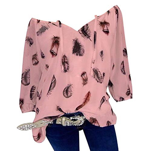 Petalum Damen Tops Bluse Feder Print V-Ausschnitt Casual Lose Blusentop Oversized Lässig Tunika Casual Locker Langarmshirt Rosa 48 von Petalum