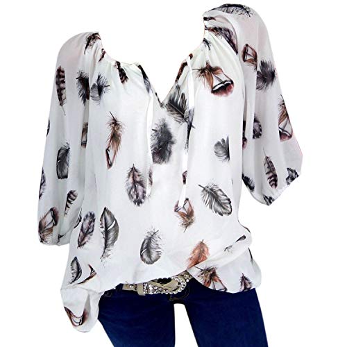Petalum Damen Tops Bluse Feder Print V-Ausschnitt Casual Lose Blusentop Oversized Lässig Tunika Casual Locker Langarmshirt Weiß 48 von Petalum