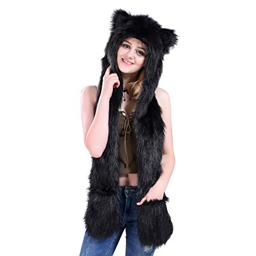 Petalum Damen Winter Warm Mütze Schal Handschuhe Set Kapuzen Handschuhe Warm Kapuzenschal Plüsch Tiere Bär Panda Wolf Paws Ohren Fellmütze von Petalum