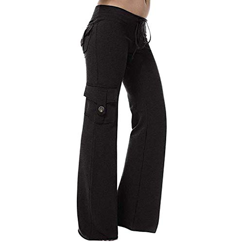 Petalum Damen Yogahosen Sporthose Jogginghose Lange Elastische Bootcut Hose Weite Bein Freizeithose Pants mit Tunnelzug mehrere Taschen Fitness Streetwear (40-42, schwarz) von Petalum