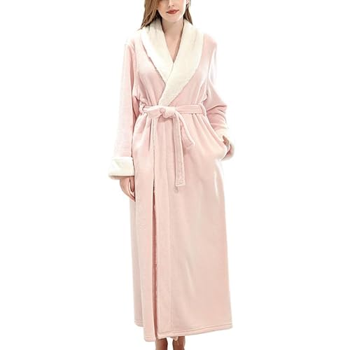 Petalum Flanell Bademantel Damen lang verdickte Maxi Morgenmantel mit Gürtel und Taschen Winter warm Flauschiger Saunamantel ohne Kapuze Nachtwäsche von Petalum