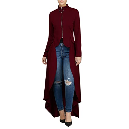 Petalum High Low Dress Asymmetrische Langarm Bodycon-Blusen-Hemdkleid mit Reißverschluss vorne elegant Einfarbig Bluse für Damen Weinrot M von Petalum