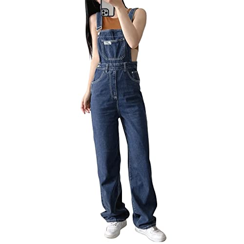 Petalum Jeans Latzhose Damen lang Stretch Denim Overalls mit Taschen Jumpsuit ärmellos Hosenträger loose fit Latzjeans Playsuit Romper Blau 32 von Petalum