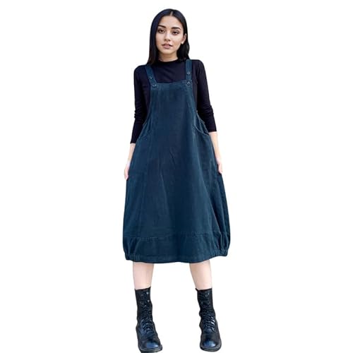 Petalum Jeans Latzkleid Damen Loose Fit Trägerkleid mit verstellbaren Knöpfen Jeansrock Overall Midikleid Herbst Winter Kleid mit Taschen von Petalum