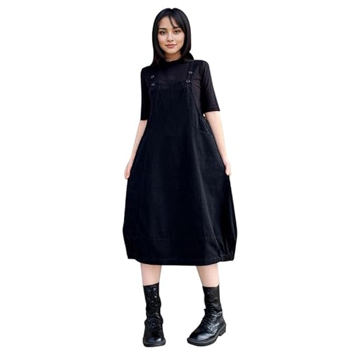 Petalum Jeans Latzkleid Damen Loose Fit Trägerkleid mit verstellbaren Knöpfen Jeansrock Overall Midikleid Herbst Winter Kleid mit Taschen von Petalum