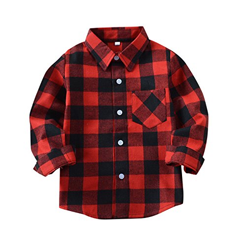 Petalum Kinder Hemd Jungen Langarm Karierthemd Button Down Baumwolle Trachtenhemd Mädchen Casual Freizeithemd mit Brusttaschen 10-11 Jahre Rot-Schwarz von Petalum