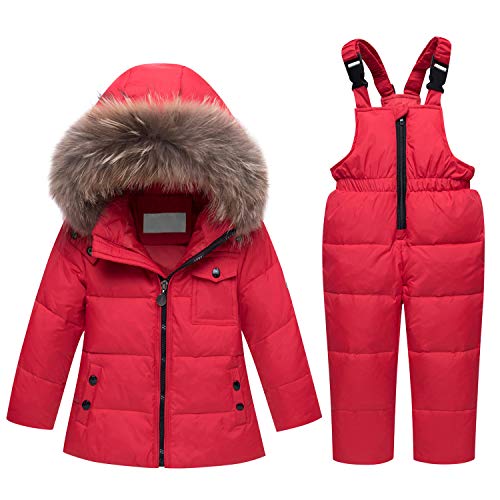 Petalum Kinder Schneeanzug 2 teilig Daunenjacke mit Künstliches Fell Kapuze und Daunenhose Verdickte Winterjacke Skianzug für 1-5 Jahre Alt Mädchen Jungen von Petalum