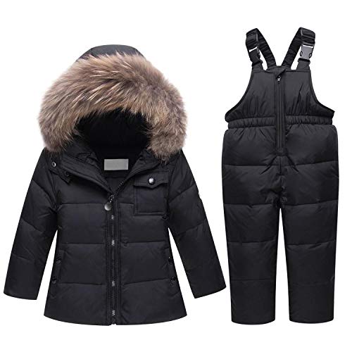 Petalum Kinder Schneeanzug 2 teilig Daunenjacke mit Künstliches Fell Kapuze und Daunenhose Verdickte Winterjacke Skianzug für 1-5 Jahre Alt Mädchen Jungen von Petalum