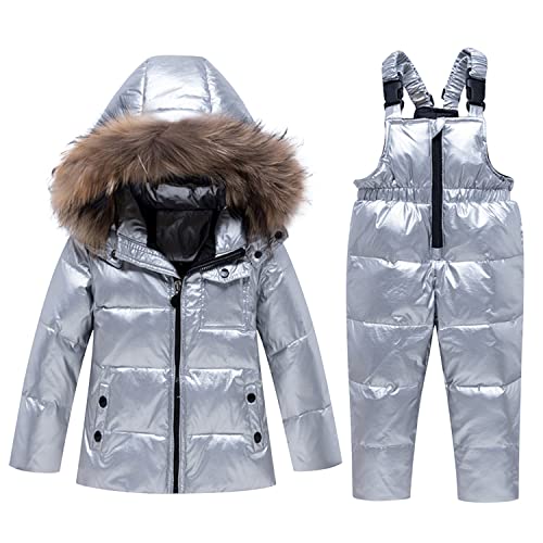 Petalum Kinder Schneeanzug 2 teilig Daunenjacke mit Künstliches Fell Kapuze und Daunenhose Verdickte Winterjacke Skianzug für 1-5 Jahre Alt Mädchen Jungen von Petalum