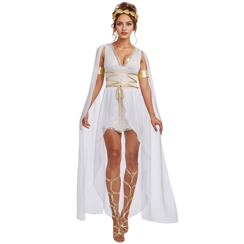 Petalum Kostüm Griechische Göttin mit Umhang Damen Set 4 Stück Karnevalskostüm Kleid Antike Römische Drapierung Cosplay Prinzessin Adel Antik Rollenspiel, weiß, Large von Petalum