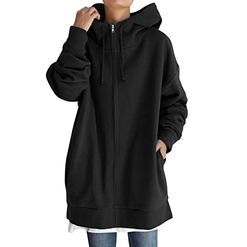 Petalum Langer Kapuzen-Sweatshirt, Damen, lässig, Winter, Plüsch, Innenfutter, Thermofleece, warm, Oversize, Reißverschluss, schick, Hoodie, lässig, sportlich, Herbst, Frühling, Schwarz , 42 Petalum Langer Kapuzen-Sweatshirt, Damen, lässig, Winter, Plüsch, Innenfutter, Thermofleece, warm, Oversize, Reißverschluss, schick, Hoodie, lässig, sportlich, Herbst, Frühling, Schwarz , 42 von Petalum