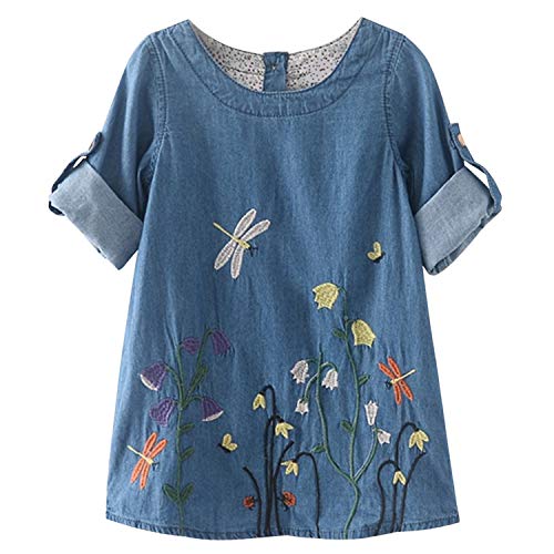 Petalum Mädchen Kleider Festlich Prinzessin Kurzarm Kinder Denim Kleid Rundhals Blumen Stickerei A-Linien Knielang Hinten Knopfverschluss 120 Denimblau von Petalum