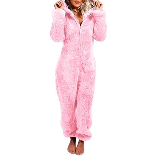 Petalum Overall Pyjama Damen Strampler Fleece Kapuze Nachtwäsche Erwachsene Kostüm Warm Loungewear Weich Onesie Pajama Women Sleepwear Jumpsuit Gr. 44, Rosa von Petalum