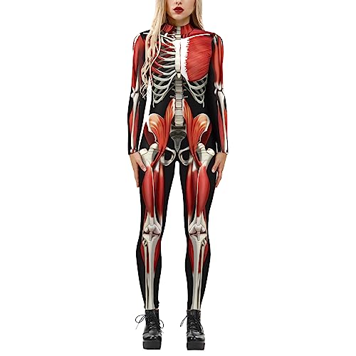 Petalum Skelett Overall Damen Halloween Weihnachten Karneval Kostüm Langarm 3D Rücken Zip Catsuit Bodycon Ganzkörperanzug Cosplay Bodysuit von Petalum