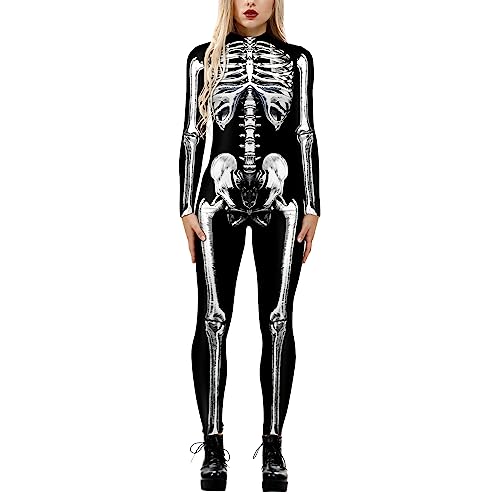 Petalum Skelett Overall Damen Halloween Weihnachten Karneval Kostüm Langarm 3D Rücken Zip Catsuit Bodycon Ganzkörperanzug Cosplay Bodysuit von Petalum